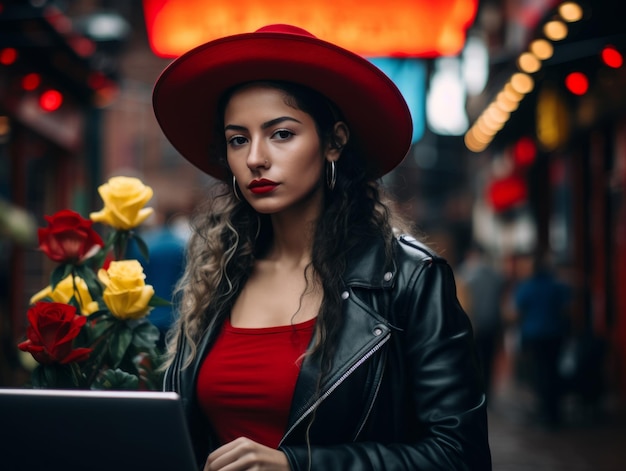 Woman from Colombia working on a laptop in a vibrant urban setting