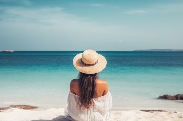 A woman from behind sits on the beach and enjoys the view of the sea