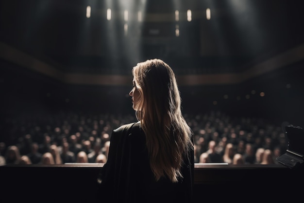 woman from behind speaking to the audience Generative AI