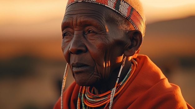 A woman from the tribe is wearing a traditional hat and a beaded headdress.