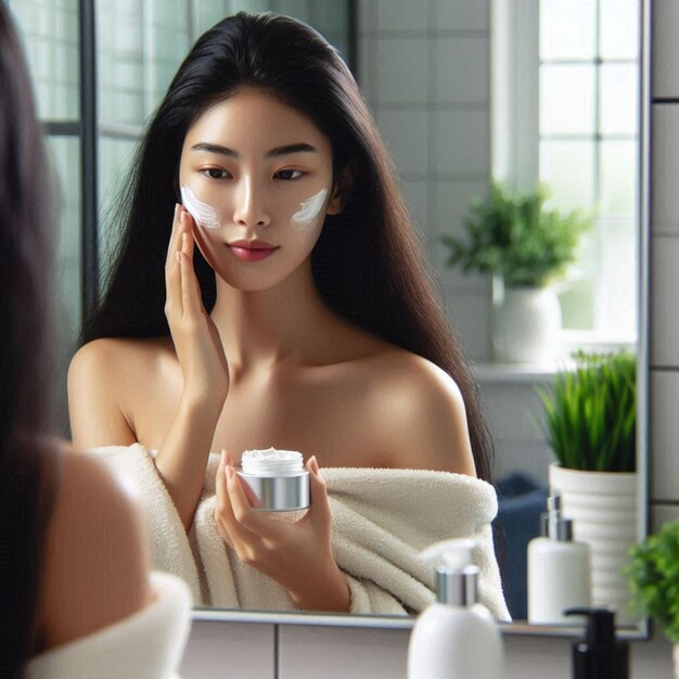 a woman in front of a mirror with a white face mask on her face