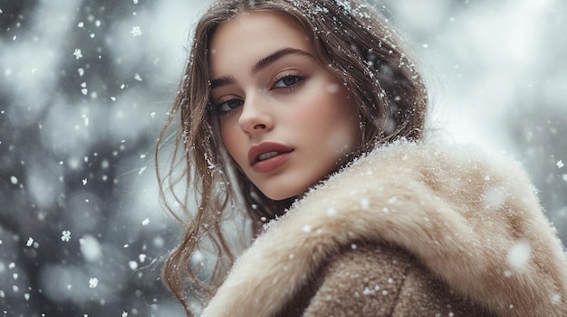 Photo a woman in a fur coat and fur coat stands in the snow