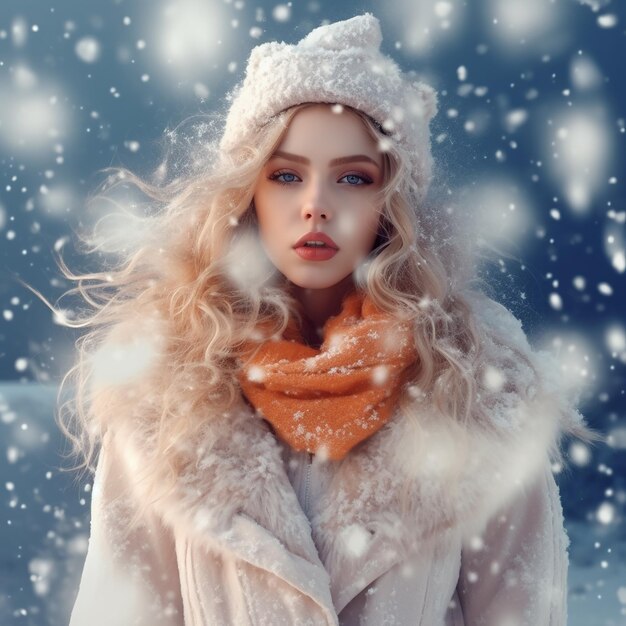 Photo a woman in a fur coat and scarf is standing in the snow