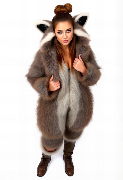 a woman in a fur coat with a fur hat on