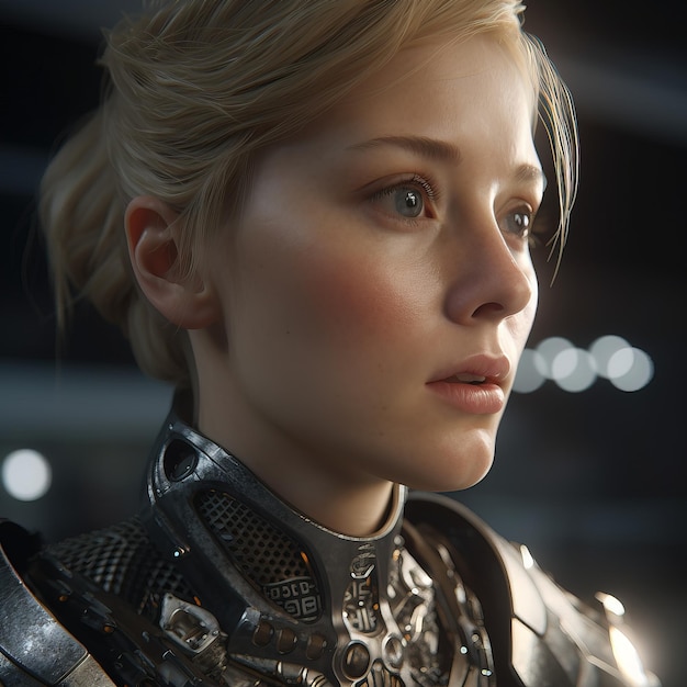 A woman in a futuristic armour looks at the camera.