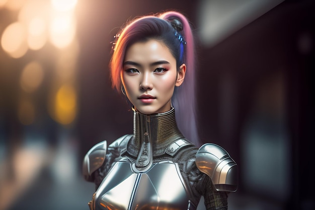 A woman in a futuristic armour with a pink and blue hair.