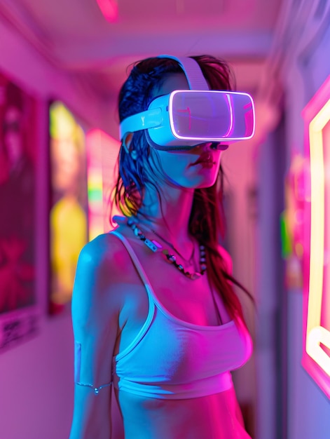 A woman in futuristic attire wearing a VR device and tank top is immersed in a virtual reality world holding goggles and experiencing an illusion