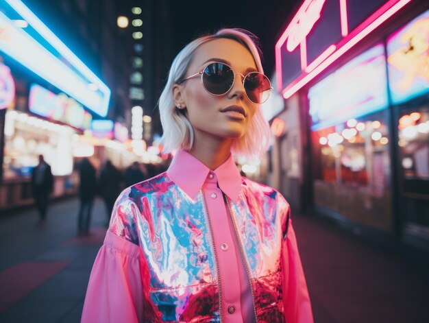 Photo woman in futuristic clothes enjoys leisurely stroll through neon city streets