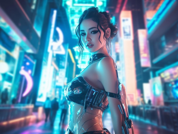 woman in futuristic clothes enjoys leisurely stroll through neon city streets