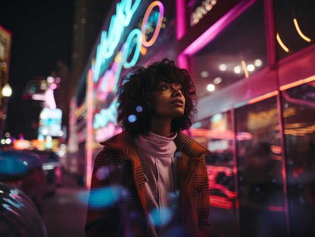 woman in futuristic clothes enjoys leisurely stroll through neon city streets