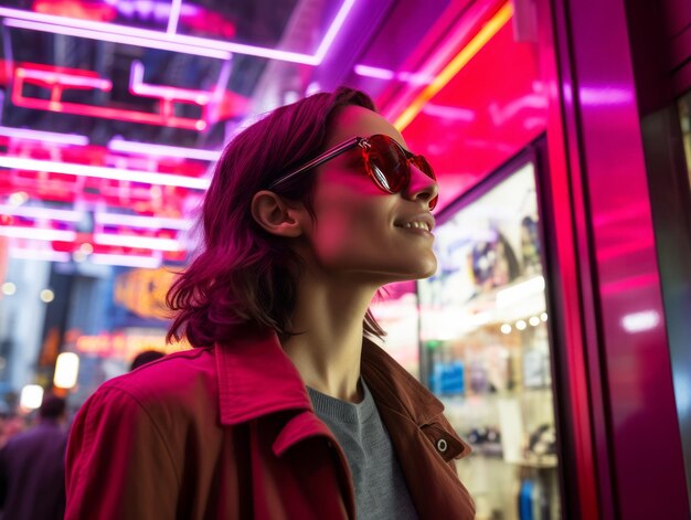 Photo woman in futuristic clothes enjoys leisurely stroll through neon city streets