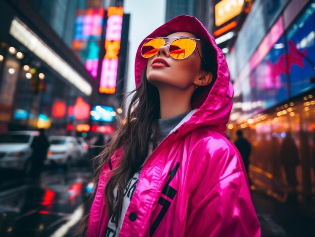 Photo woman in futuristic clothes enjoys leisurely stroll through neon city streets