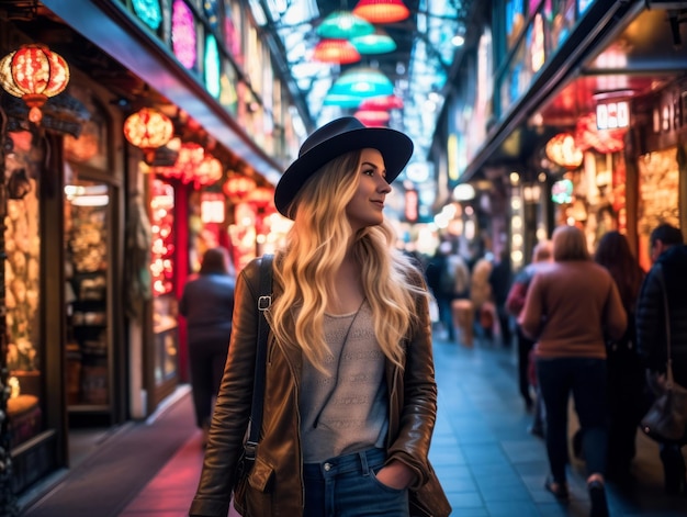 woman in futuristic clothes enjoys leisurely stroll through neon city streets