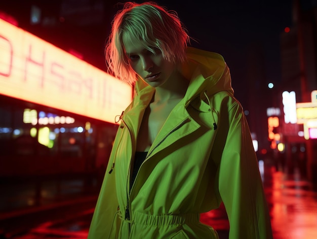 Photo woman in futuristic clothes enjoys leisurely stroll through neon city streets