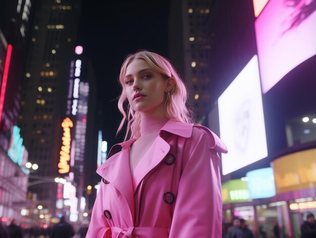 Photo woman in futuristic clothes enjoys leisurely stroll through neon city streets