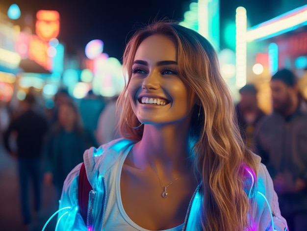 woman in futuristic clothes enjoys leisurely stroll through neon city streets