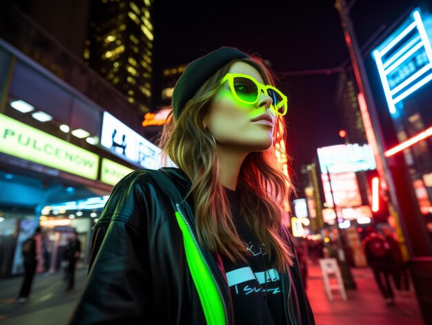 Photo woman in futuristic clothes enjoys leisurely stroll through neon city streets