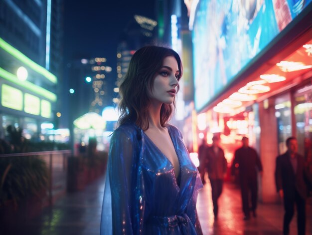 Photo woman in futuristic clothes enjoys leisurely stroll through neon city streets