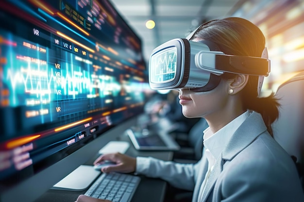 Woman in a futuristic control room using a VR headset navigating virtual data and systems with adv