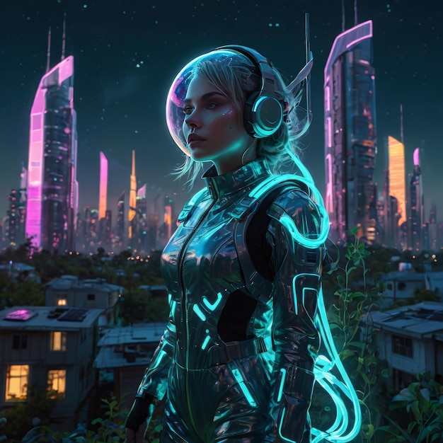 a woman in a futuristic costume stands in front of a city skyline