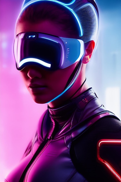 A woman in a futuristic costume with a neon sign that says neon on it