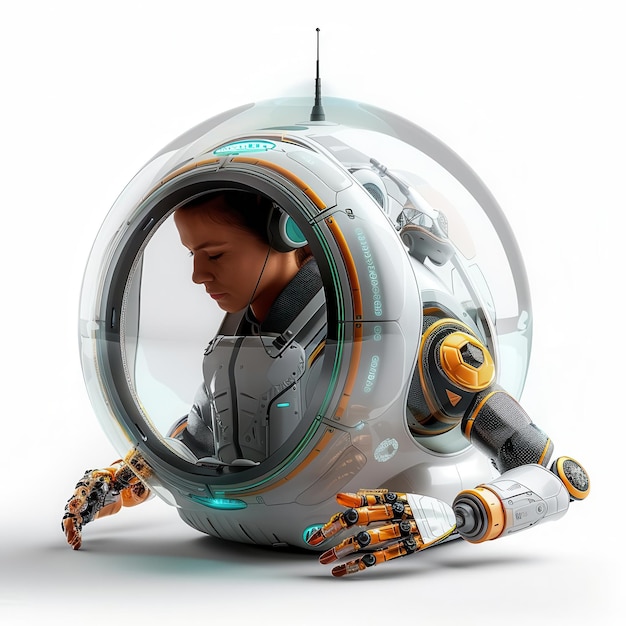 Photo woman in a futuristic looking suit sitting in a space pod