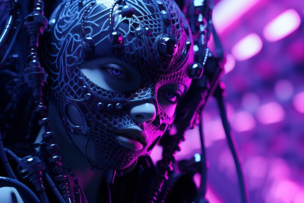 a woman in a futuristic mask with purple lights