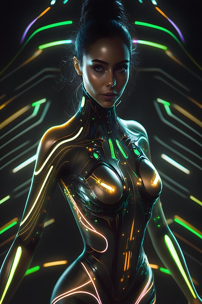 woman in a futuristic outfit in the middle of a cyberpunk city, neon lights