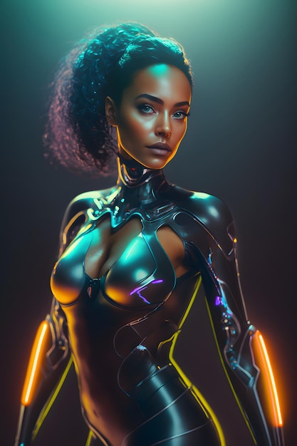 woman in a futuristic outfit in the middle of a cyberpunk city, neon lights