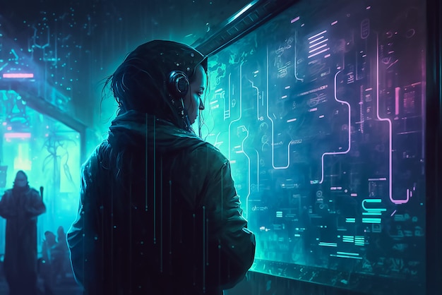 A woman in a futuristic room with a neon sign that says'cyberpunk'on it