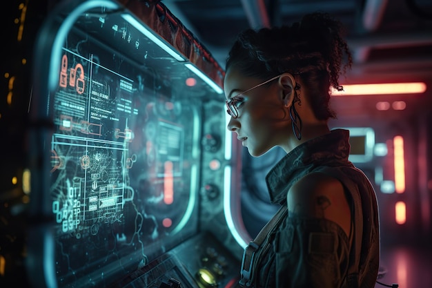 A woman in a futuristic room with a screen that says'cyberpunk'on it