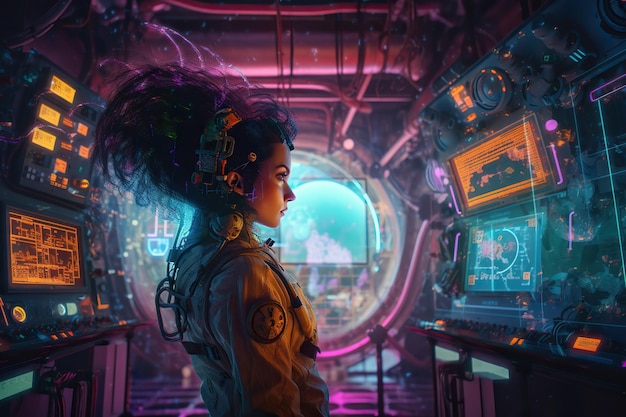 A woman in a futuristic space suit looks at a computer screen with the word cyberpunk on it.