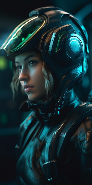 A woman in a futuristic space suit with a helmet