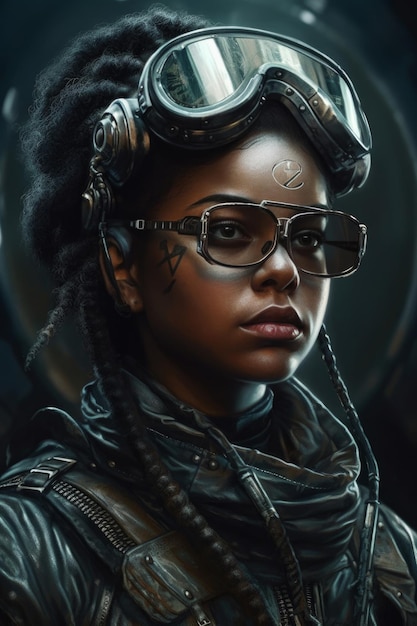 A woman in a futuristic style with a goggles and a helmet