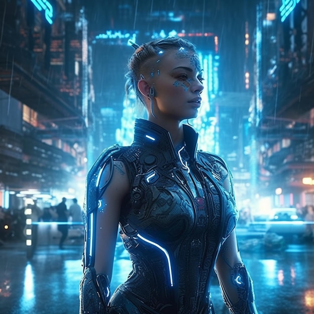 A woman in a futuristic suit stands in a rainy city