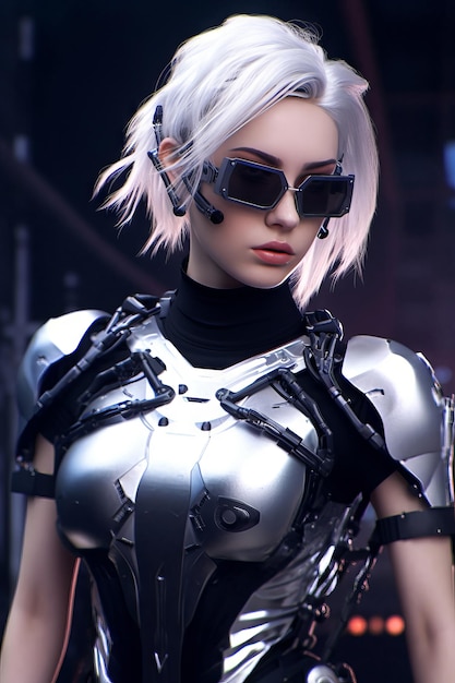 A woman in a futuristic suit with a black helmet and sunglasses.