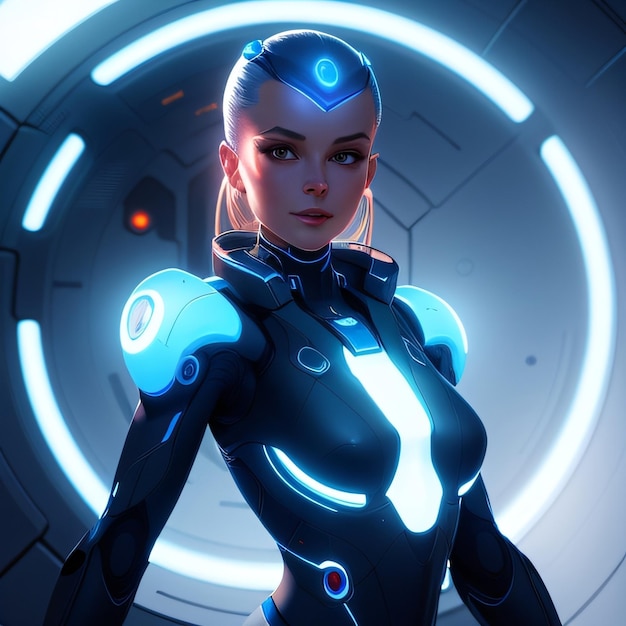 Photo a woman in a futuristic suit with a blue light on her chest.