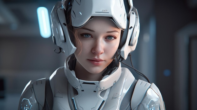 A woman in a futuristic suit with a helmet on her head.