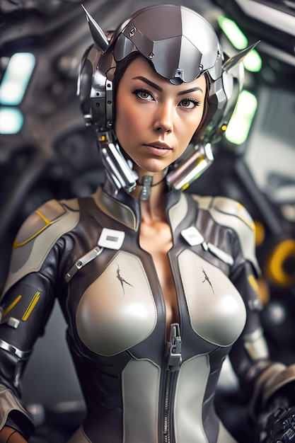 A woman in a futuristic suit with a helmet and a space suit.