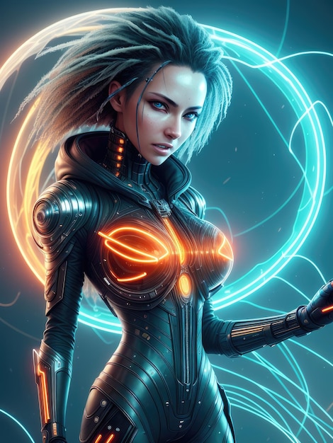 A woman in a futuristic suit with a neon halo around her neck.