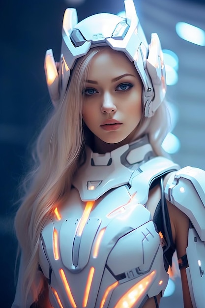 A woman in a futuristic suit with a white helmet.