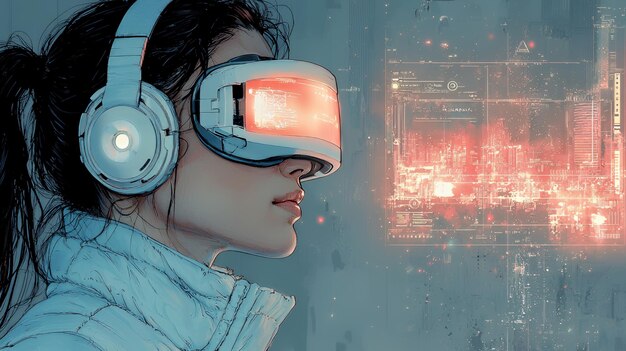 Woman in futuristic VR headset looking at digital cityscape