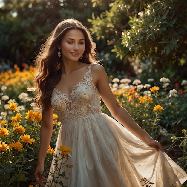 a woman in a garden of flowers with a sun behind her