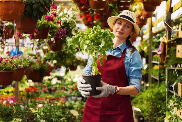 Woman gardener in hat and gloves works with flowers in the greenhouse