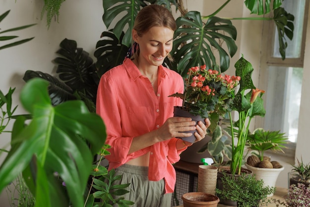 Woman gardener potting new plant and Repotting pot for House plant Plants care concept