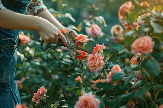 woman gardening and pruning rose bush with garden shears