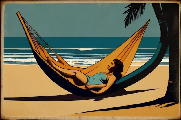 A woman in a garment lying in a hammock on a beach