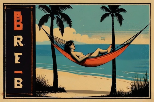 A woman in a garment lying in a hammock on a beach