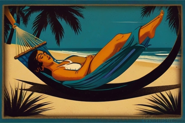 A woman in a garment lying in a hammock on a beach