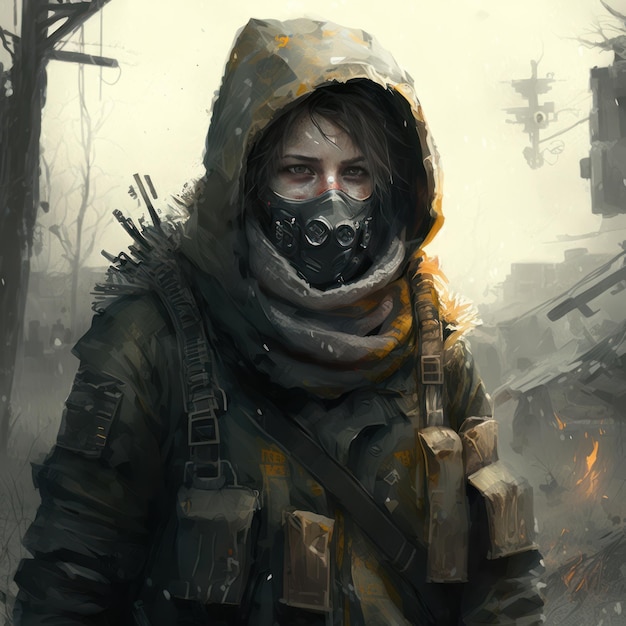 A woman in a gas mask and a hood stands in a ruined city.